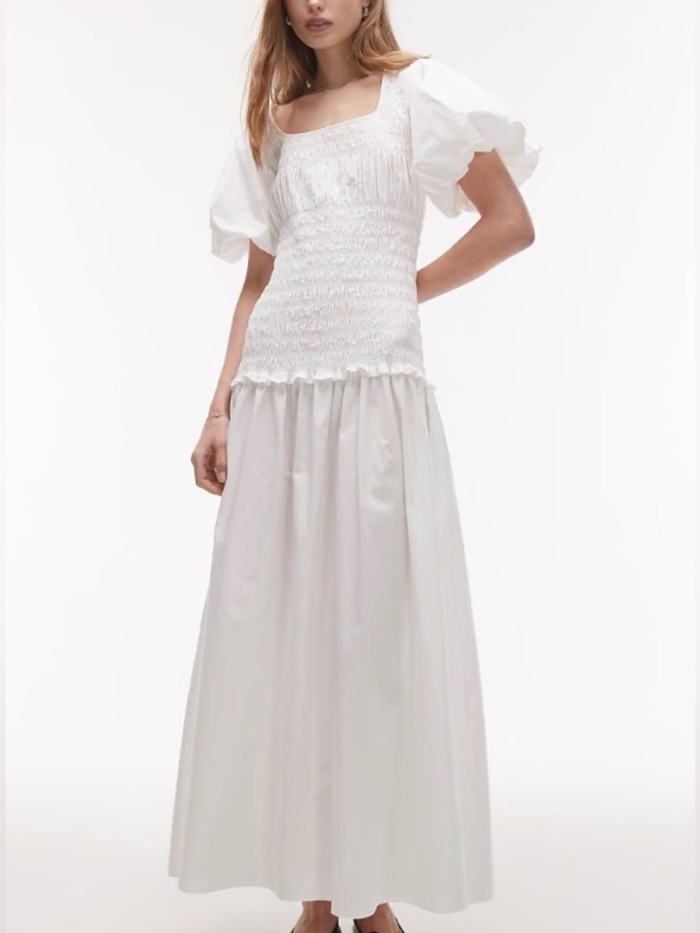 TopShop Puff Sleeve square neck shirted midi dress NWT